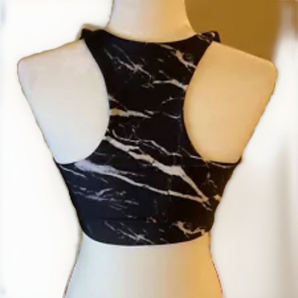 TEREZ Size Medium Sports Bra Black White Marble Racerback Stretch‎ Scoop-Neck - Picture 3 of 7